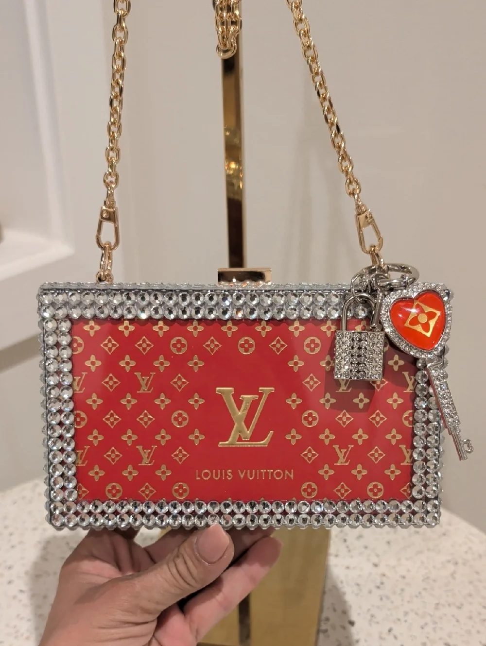Upcycled Monogram Crystal-Trim Box Clutch with Clear Chain
